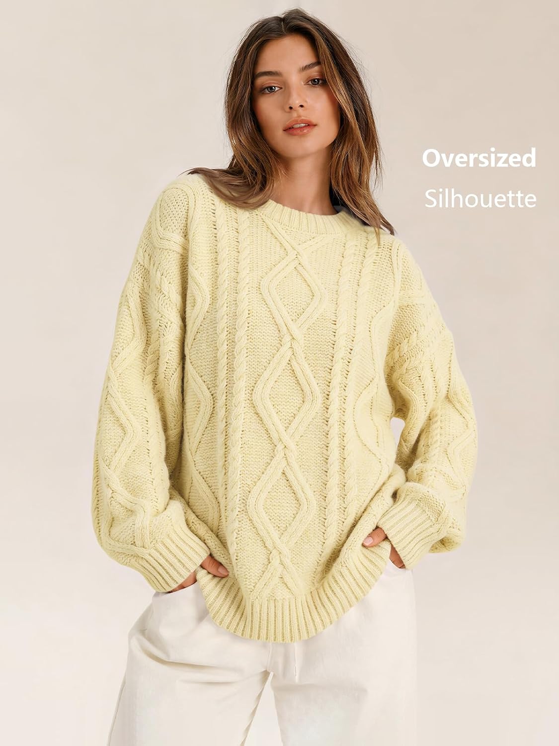 Women's Oversized Cable Knit Sweaters 2026 Fall Ou Creamy Corn - fabric and fit
