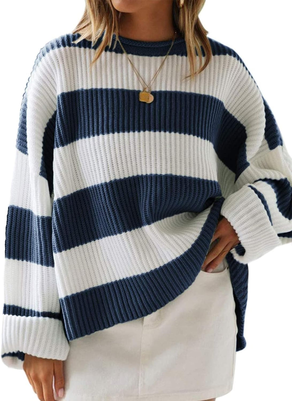 Womens Fall Winter Oversized Striped Knit Sweaters Navy - front view
