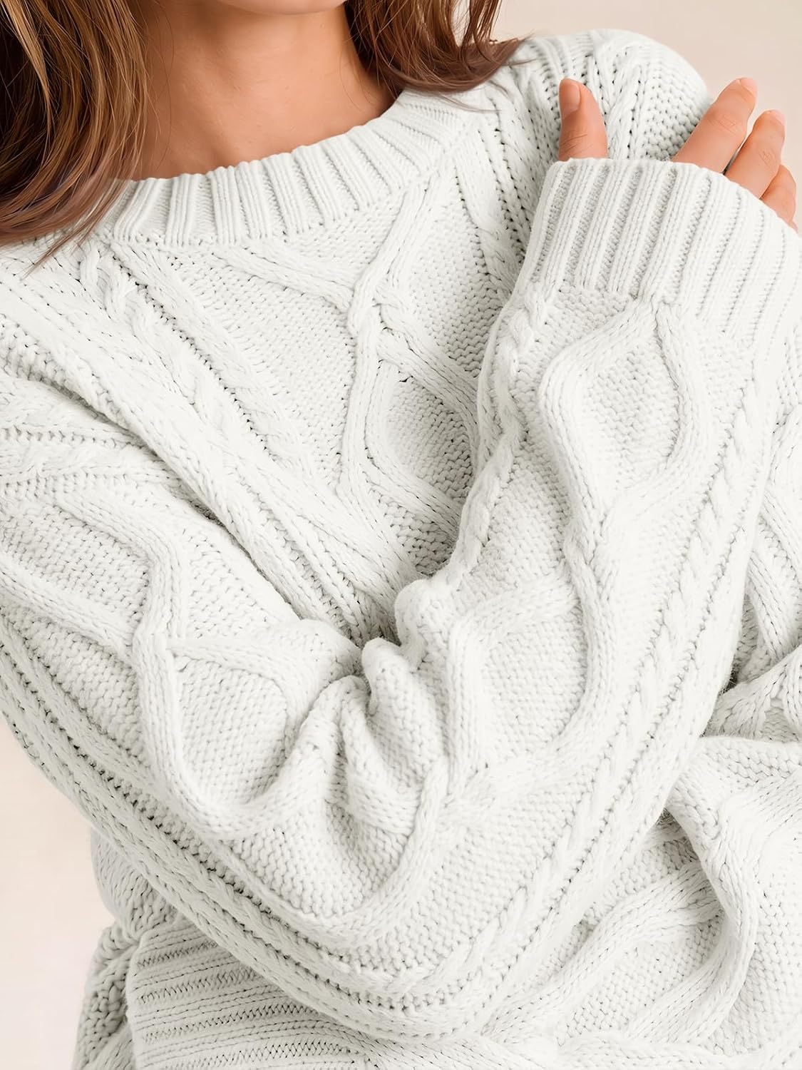 Women's Oversized Cable Knit Sweaters 2026 Fall Ou White - detail close-up