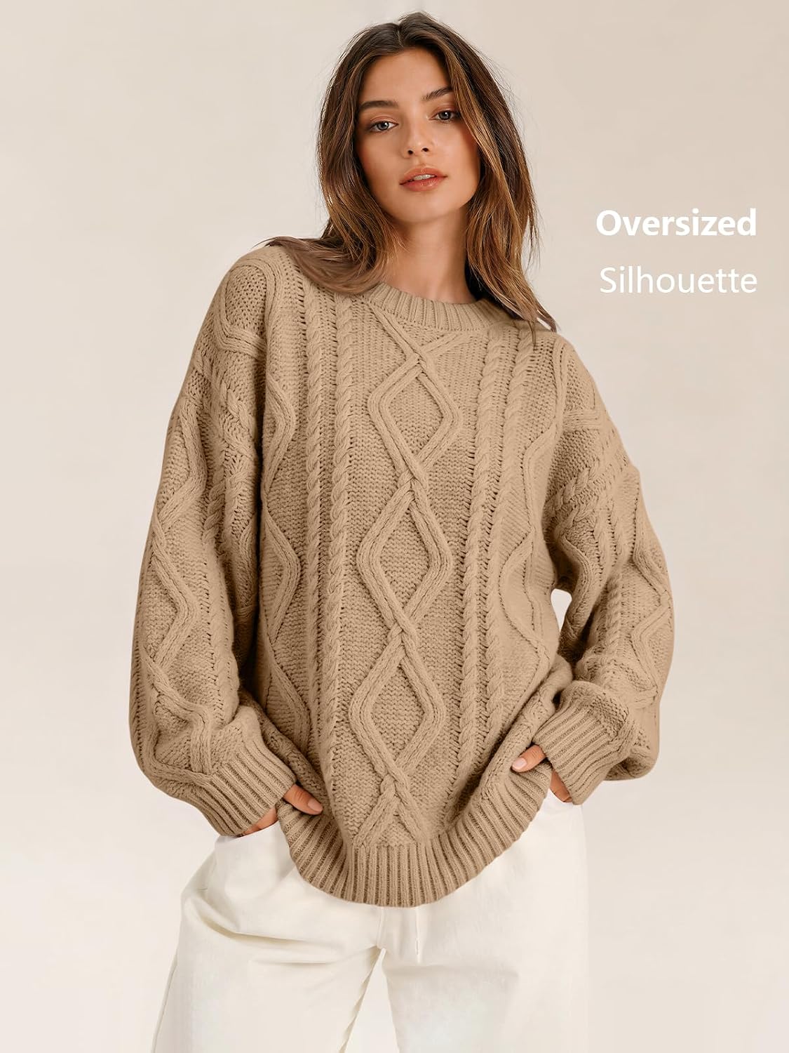 Women's Oversized Cable Knit Sweaters 2026 Fall Ou Camel - fabric and fit