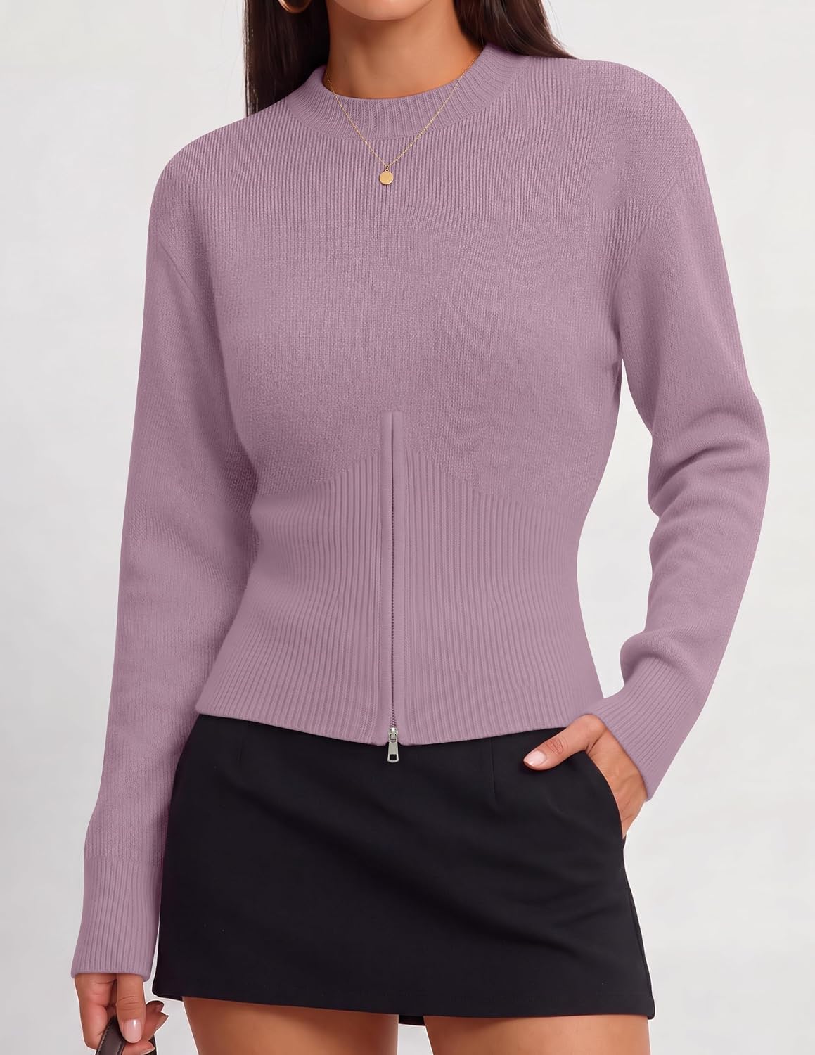 Women's Fall Zipper Pullover Sweaters 2026 Cozy Ri Purple - top view