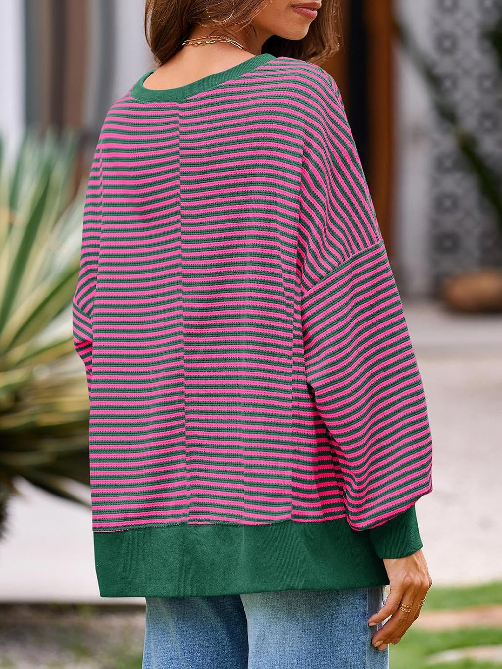 Women's Fall Oversized Sweatshirt Casual Waffle Kn Rose Red - top view