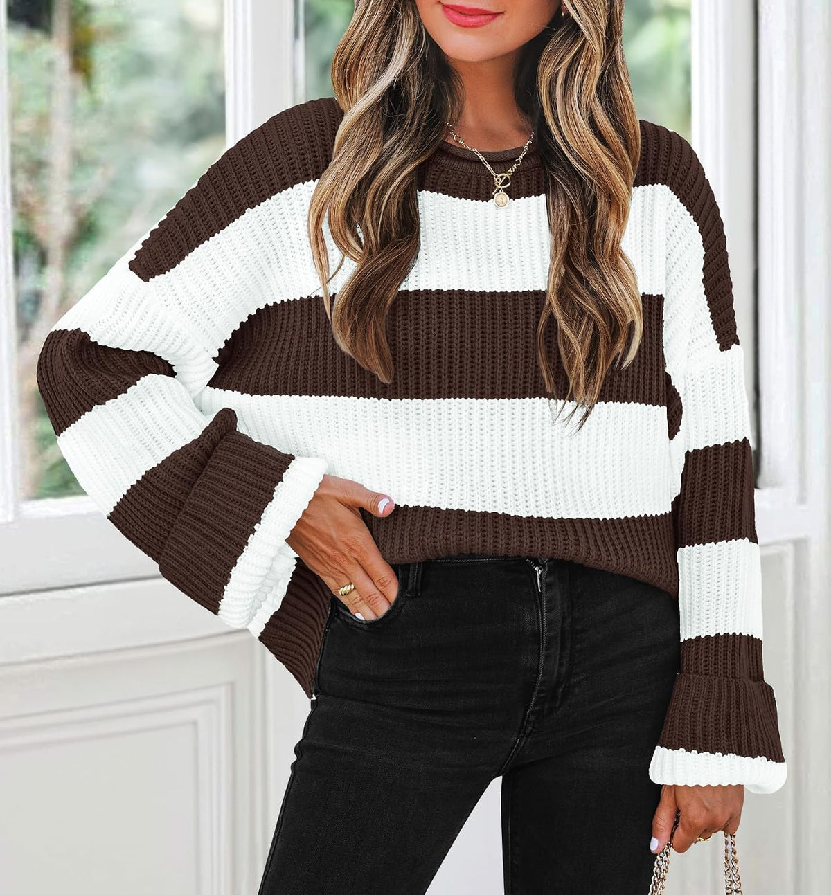 Womens Fall Winter Oversized Striped Knit Sweaters Coffee - lifestyle look