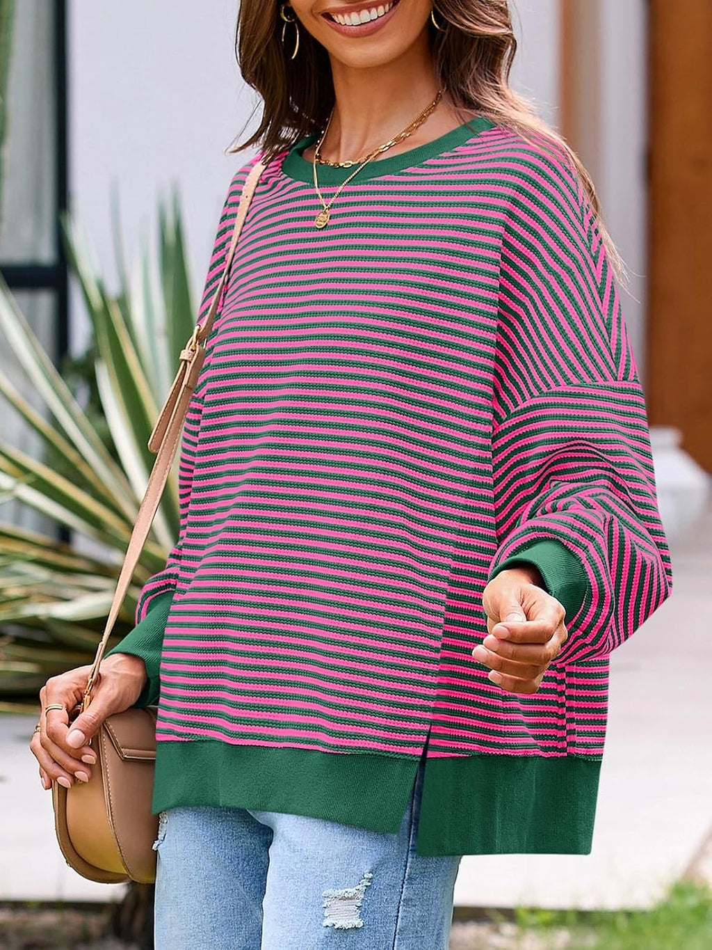 Women's Fall Oversized Sweatshirt Casual Waffle Kn Rose Red - fabric and fit