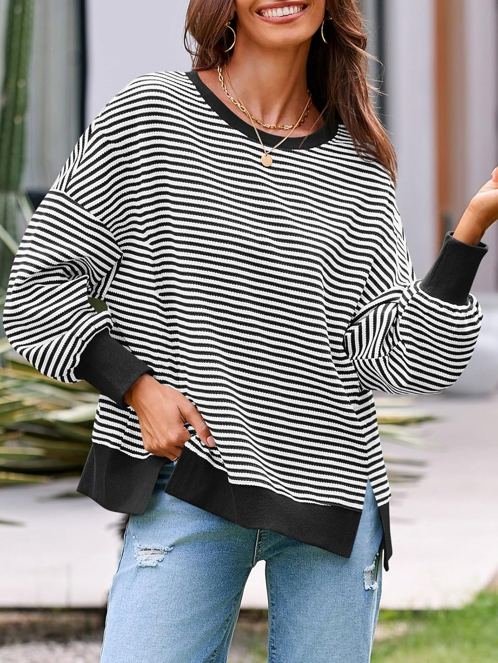 Women's Fall Oversized Sweatshirt Casual Waffle Kn Black - lifestyle look