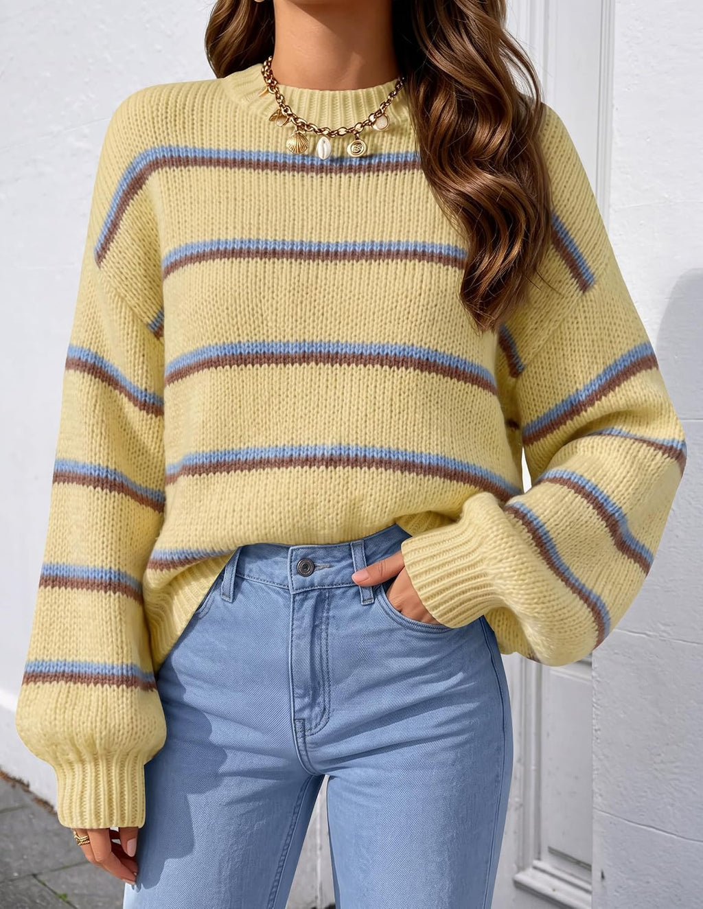 Womens Striped Fall Winter Sweaters Oversize Cozy  Yellow - lifestyle look