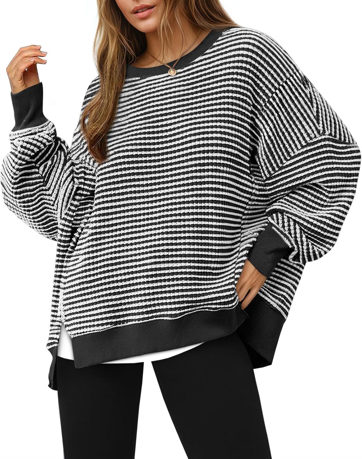 Women's Fall Oversized Sweatshirt Casual Waffle Kn Black - front view