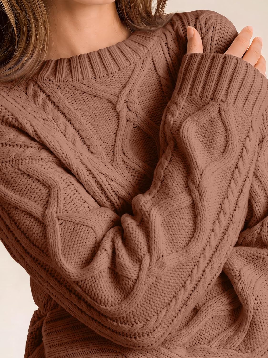 Women's Oversized Cable Knit Sweaters 2026 Fall Ou Toffee - detail close-up
