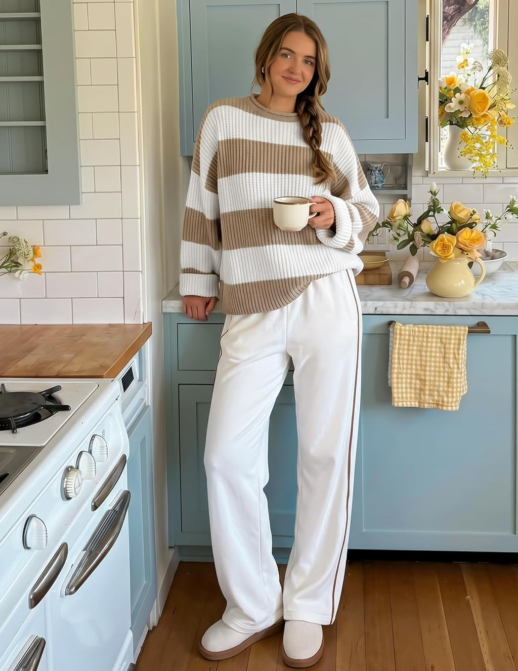 Womens Fall Winter Oversized Striped Knit Sweaters Lightkhaki - fabric and fit