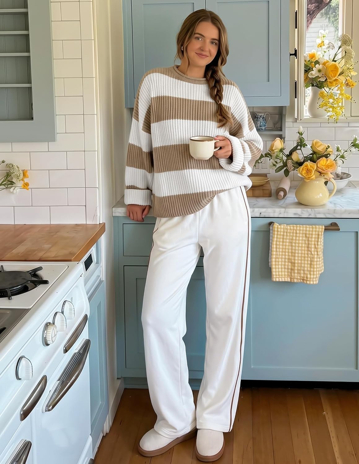 Womens Fall Winter Oversized Striped Knit Sweaters Lightkhaki - fabric and fit