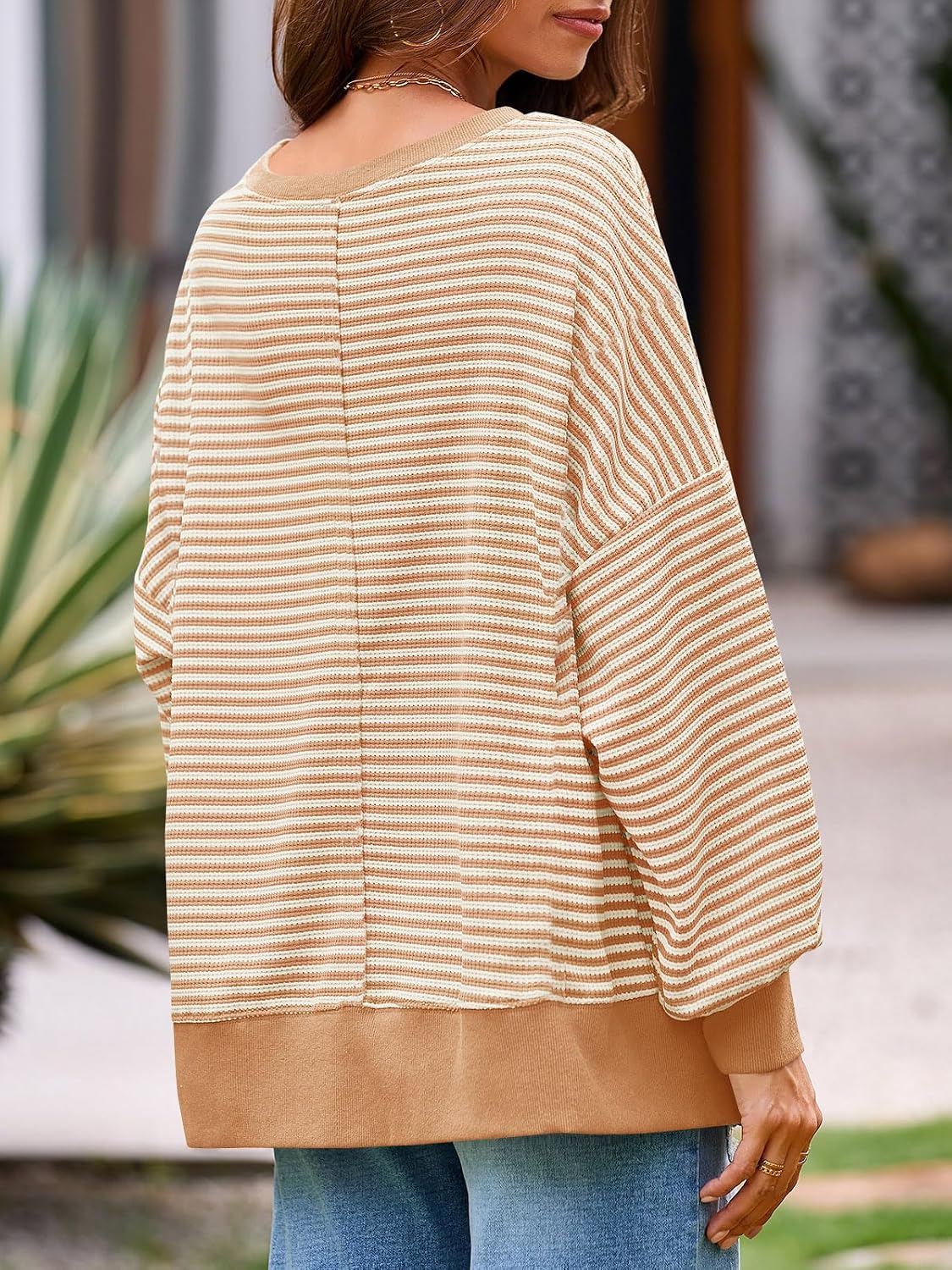 Women's Fall Oversized Sweatshirt Casual Waffle Kn Apricot - top view