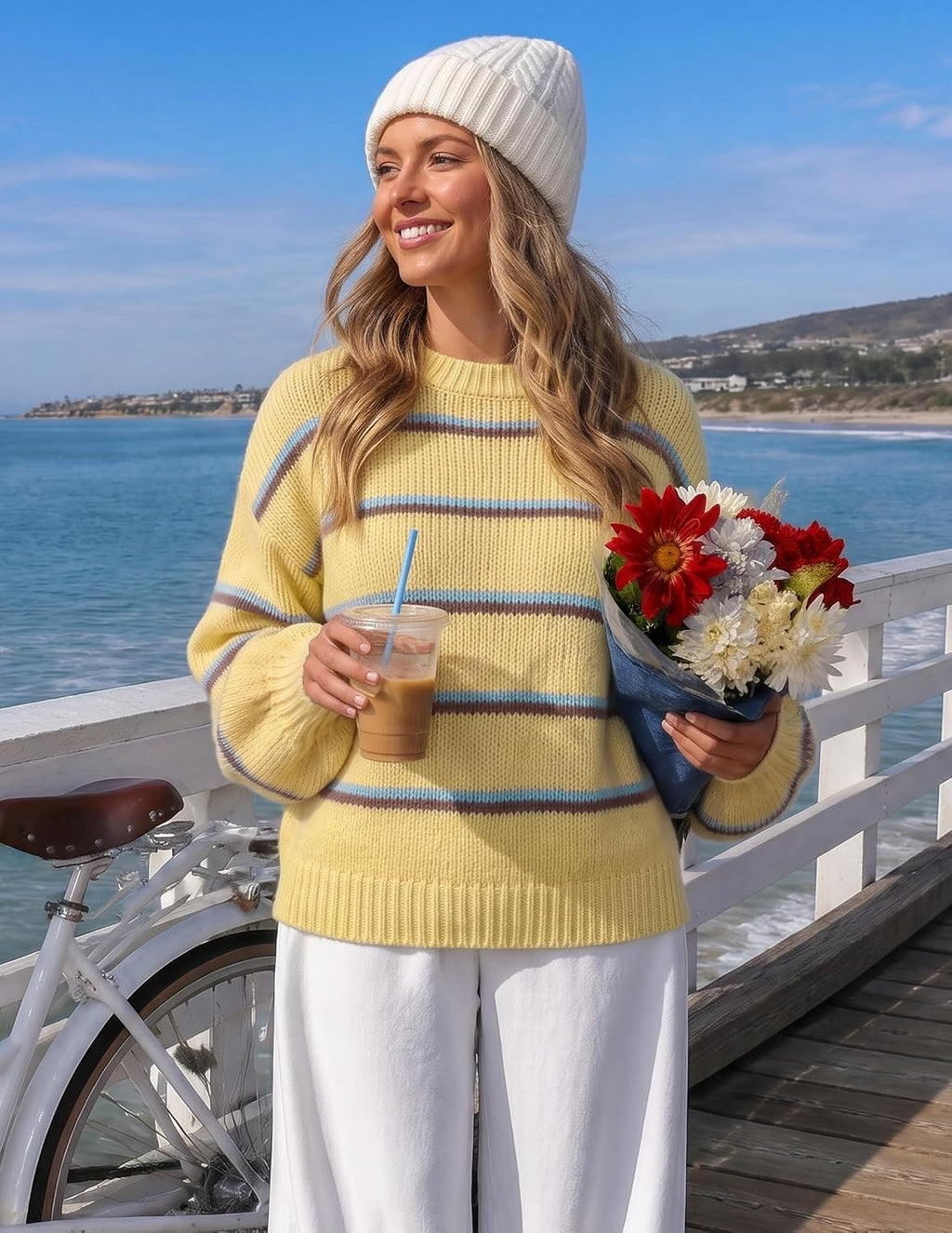 Womens Striped Fall Winter Sweaters Oversize Cozy  Yellow - fabric and fit