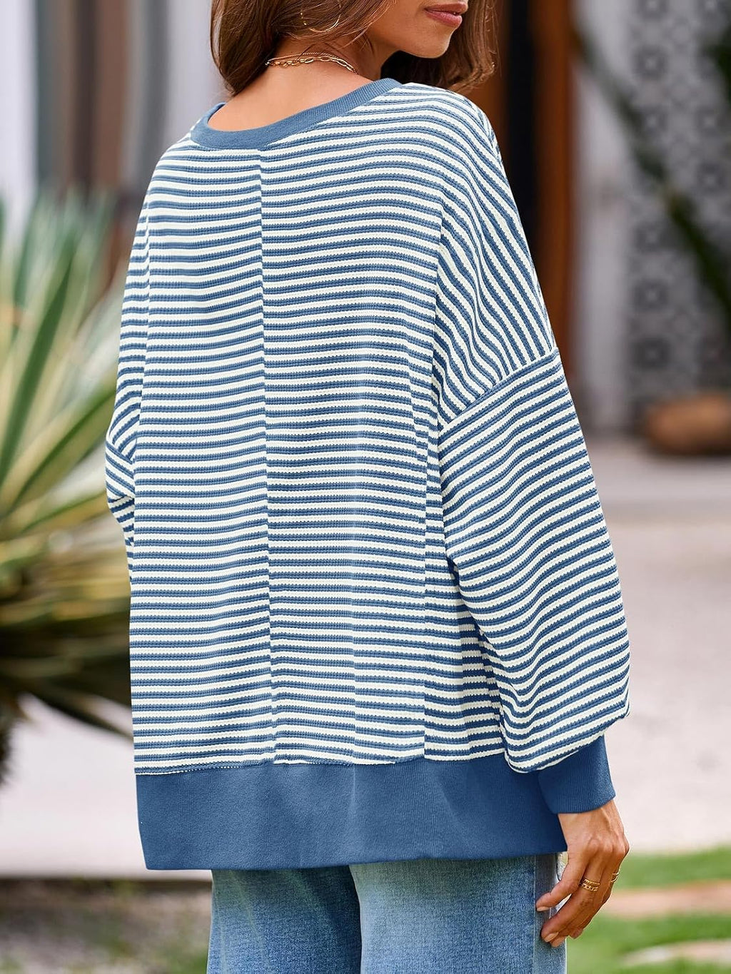 Women's Fall Oversized Sweatshirt Casual Waffle Kn Navy - top view