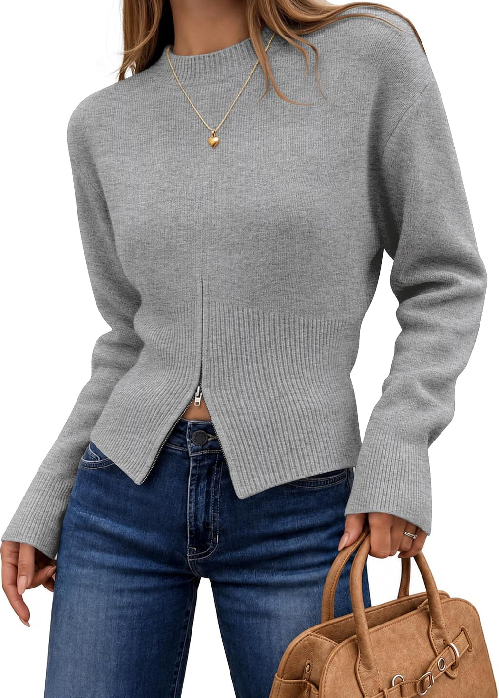 Women's Fall Zipper Pullover Sweaters 2026 Cozy Ri Grey - front view