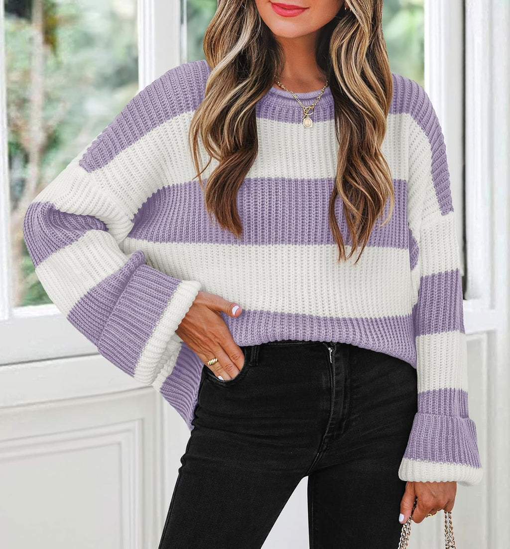 Womens Fall Winter Oversized Striped Knit Sweaters Lightpurple - lifestyle look