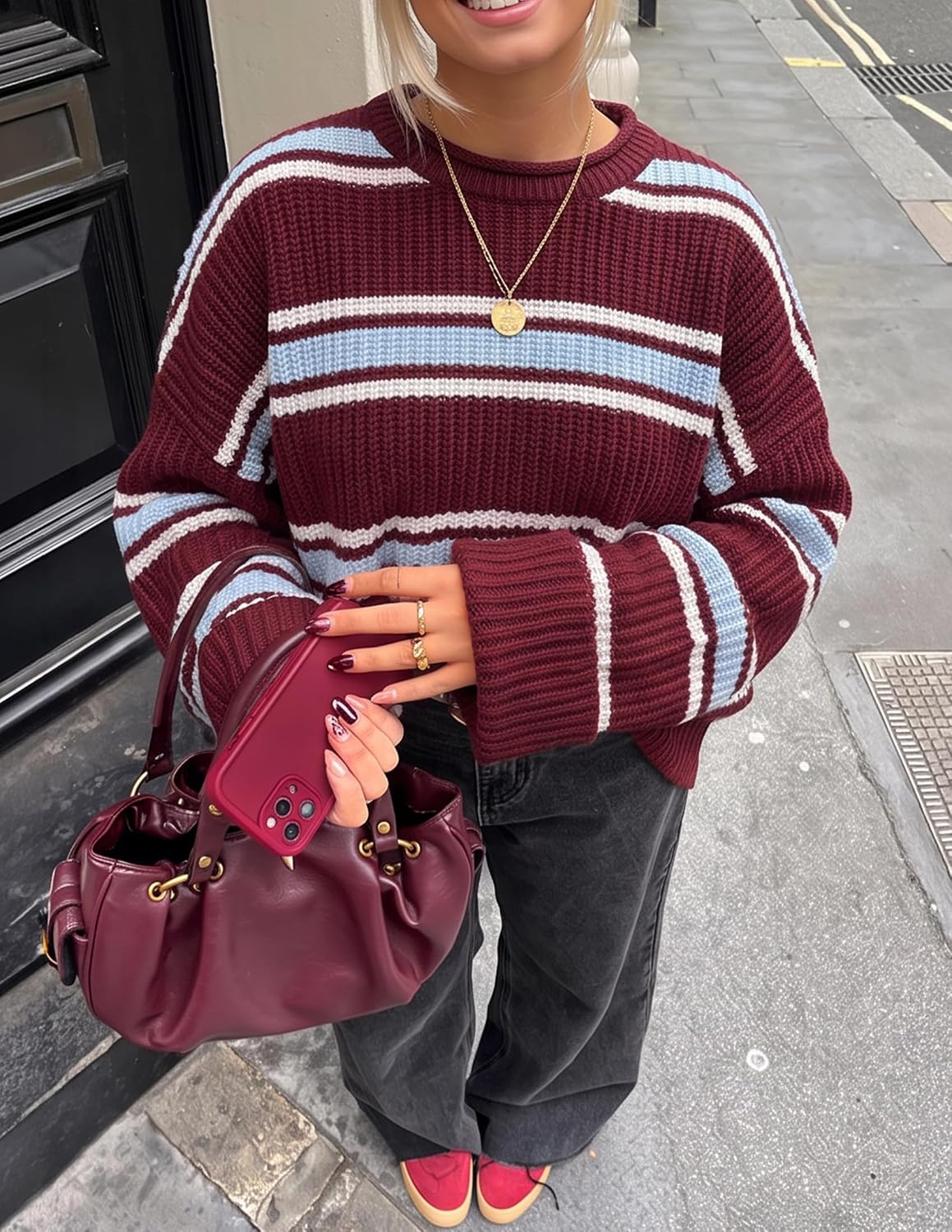 Womens Fall Winter Oversized Striped Knit Sweaters Burgundy - detail close-up