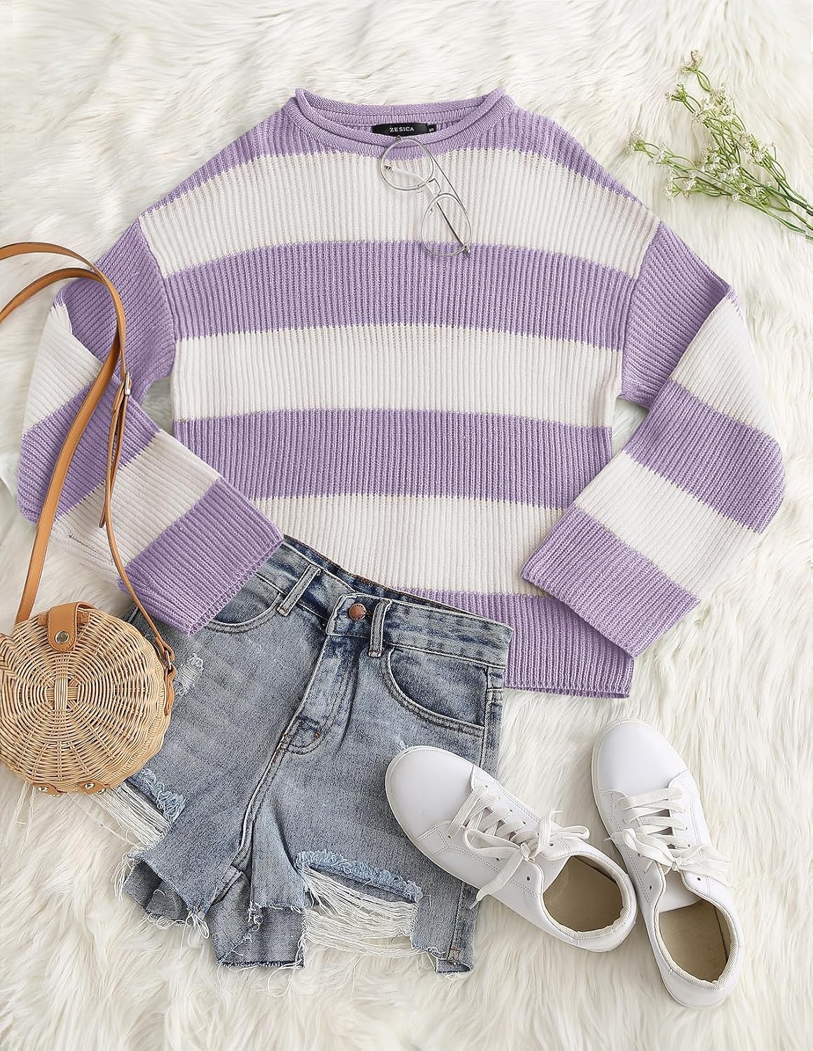 Womens Fall Winter Oversized Striped Knit Sweaters Lightpurple - fabric and fit