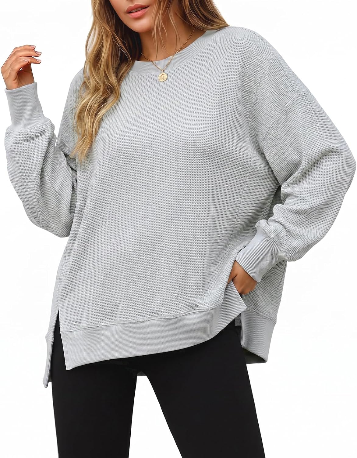 Women's Fall Oversized Sweatshirt Casual Waffle Kn Light Grey-2 - front view