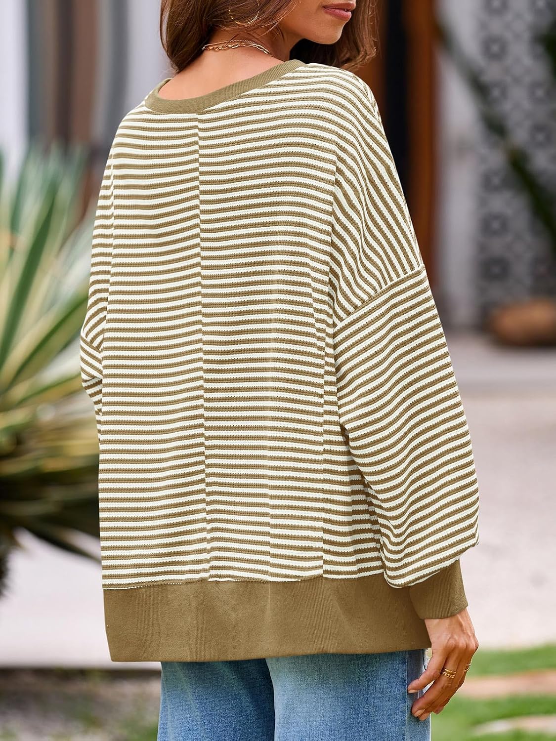 Women's Fall Oversized Sweatshirt Casual Waffle Kn Khaki - top view
