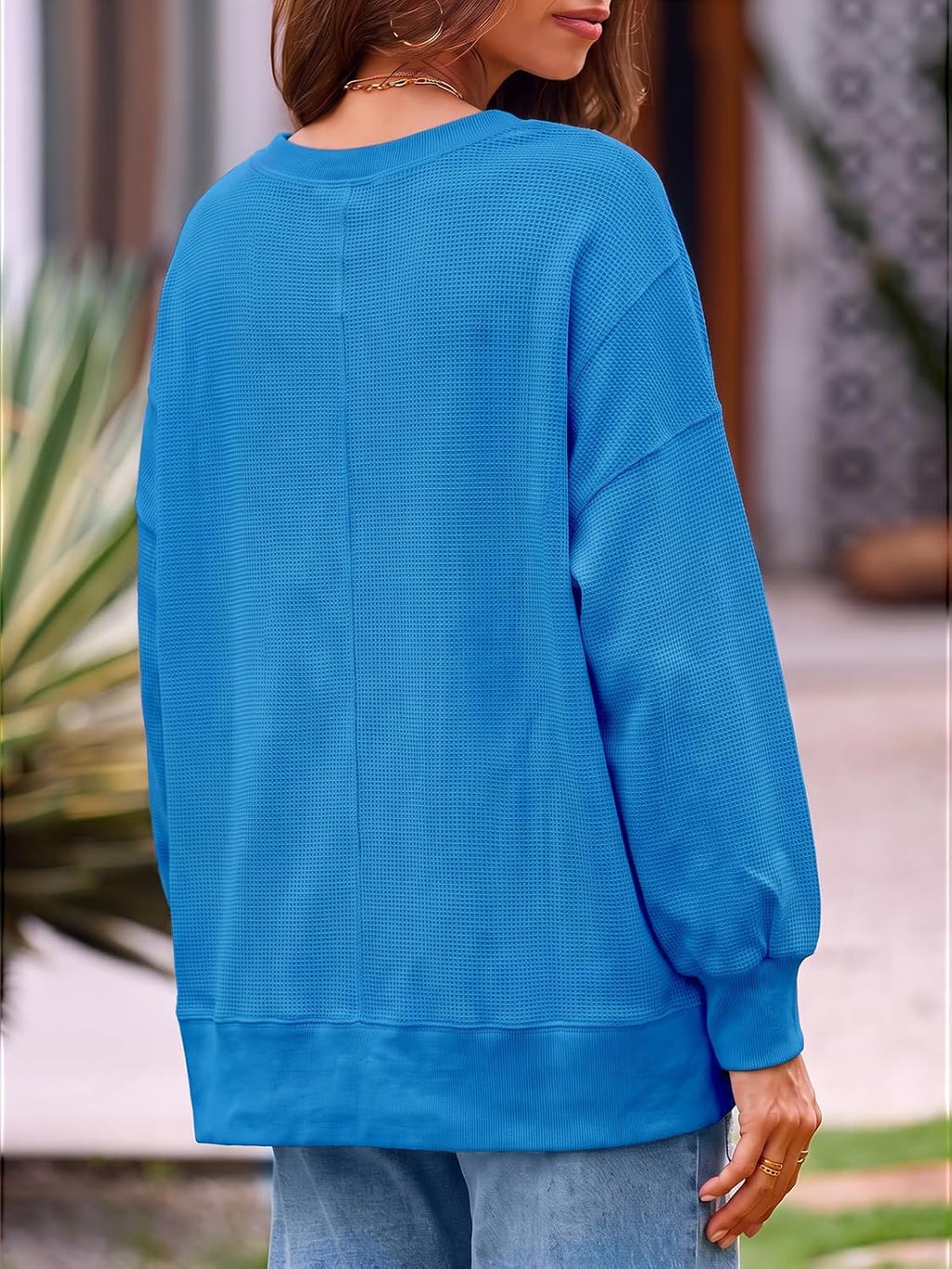 Women's Fall Oversized Sweatshirt Casual Waffle Kn Blue-2 - top view