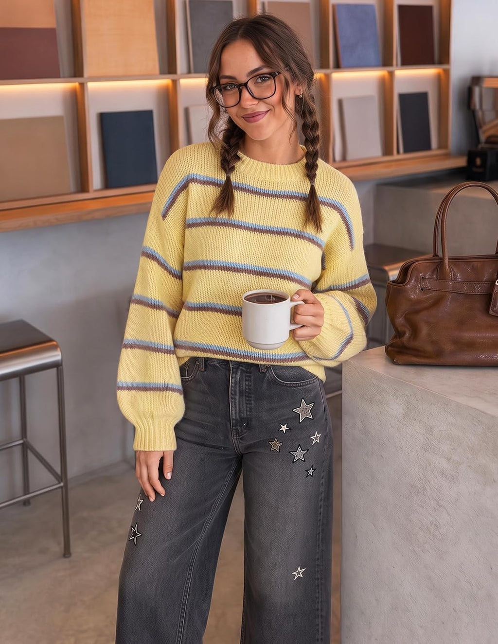 Womens Striped Fall Winter Sweaters Oversize Cozy  Yellow - top view