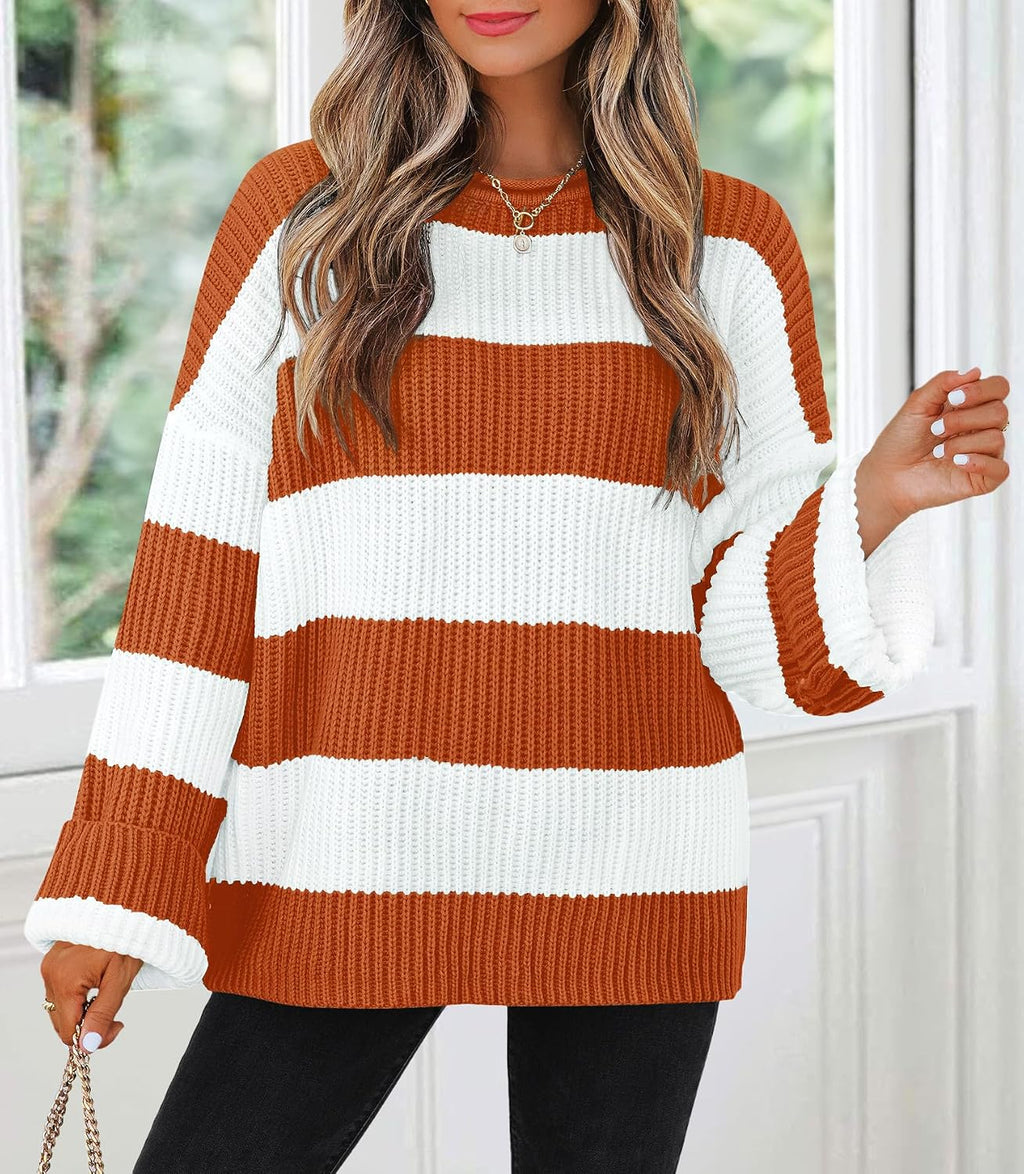 Womens Fall Winter Oversized Striped Knit Sweaters Orange - top view