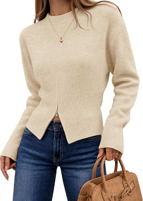 Women's Fall Zipper Pullover Sweaters 2026 Cozy Ri Apricot - front view
