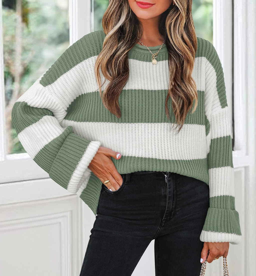 Womens Fall Winter Oversized Striped Knit Sweaters Green - fabric and fit