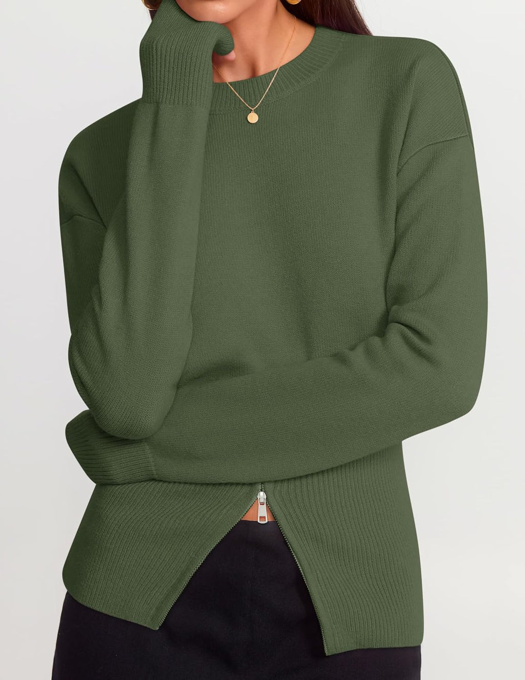 Women's Fall Zipper Pullover Sweaters 2026 Cozy Ri Armygreen - fabric and fit