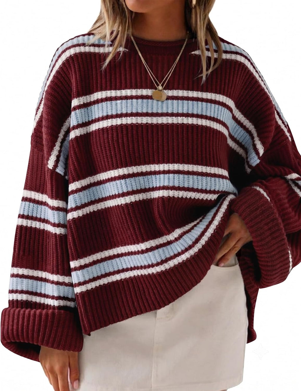 Womens Fall Winter Oversized Striped Knit Sweaters Burgundy - front view