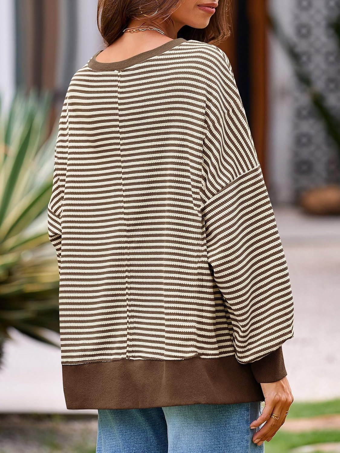 Women's Fall Oversized Sweatshirt Casual Waffle Kn Dark Brown - top view