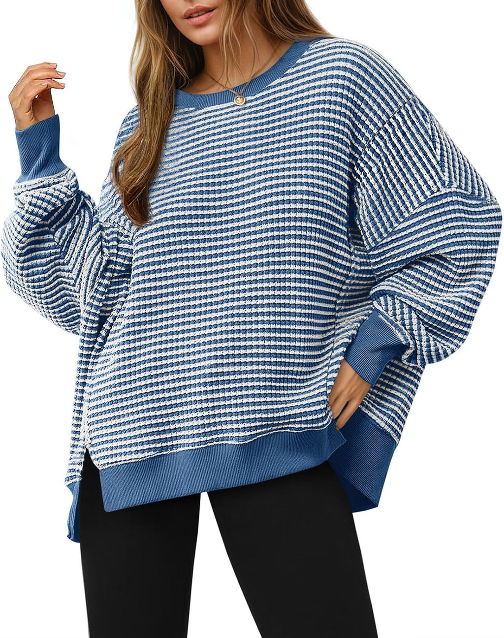 Women's Fall Oversized Sweatshirt Casual Waffle Kn Navy - front view