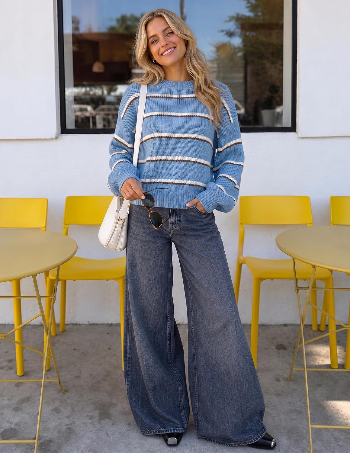 Womens Striped Fall Winter Sweaters Oversize Cozy  Blue - detail close-up