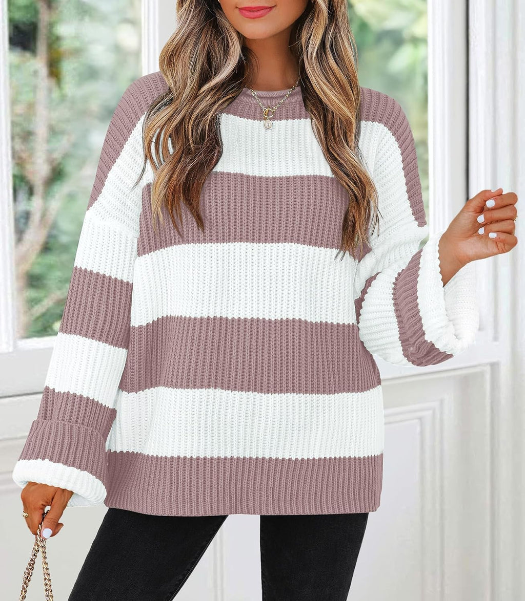 Womens Fall Winter Oversized Striped Knit Sweaters Pink - top view