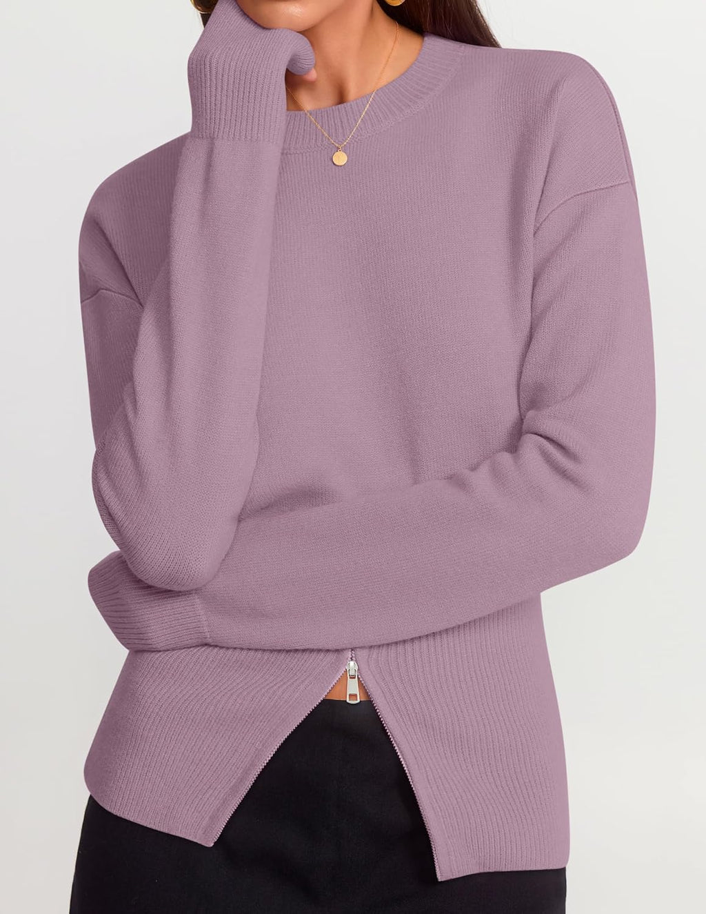 Women's Fall Zipper Pullover Sweaters 2026 Cozy Ri Purple - fabric and fit
