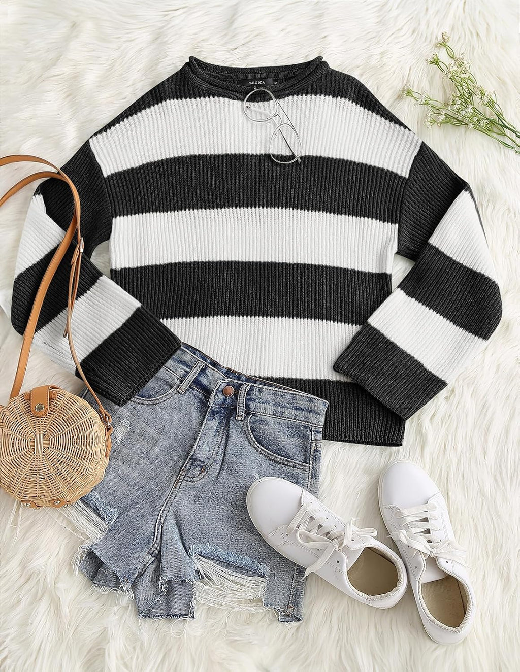 Womens Fall Winter Oversized Striped Knit Sweaters Blackstriped - lifestyle look
