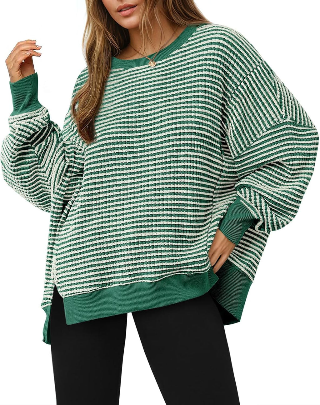 Women's Fall Oversized Sweatshirt Casual Waffle Kn Green - front view