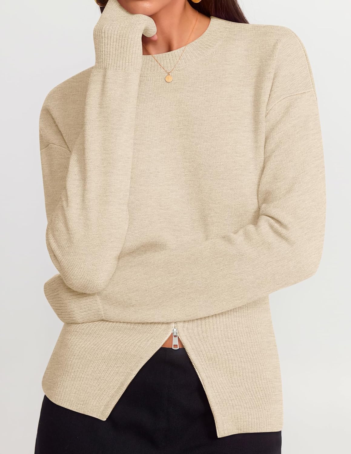 Women's Fall Zipper Pullover Sweaters 2026 Cozy Ri Apricot - fabric and fit