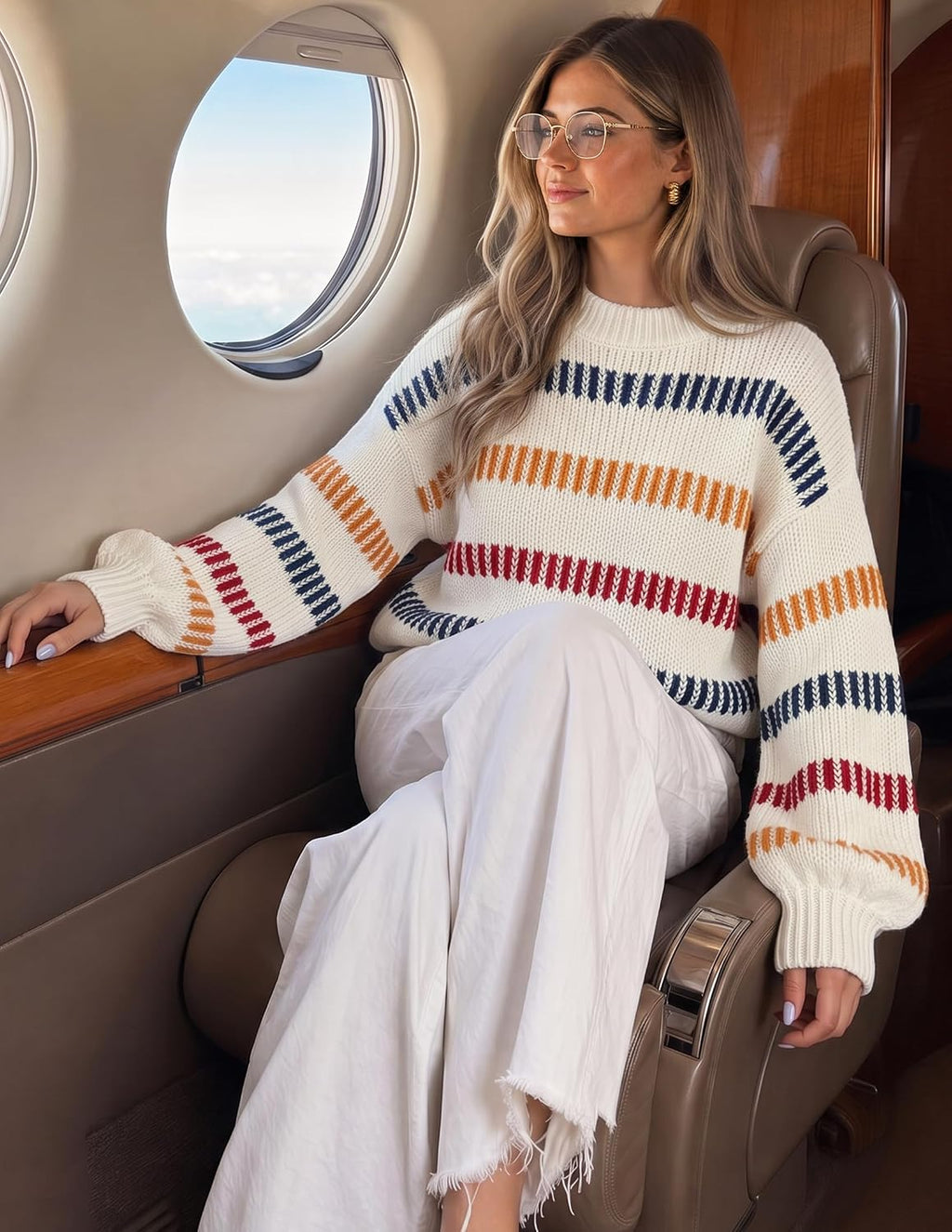 Womens Striped Fall Winter Sweaters Oversize Cozy  Ivory - fabric and fit