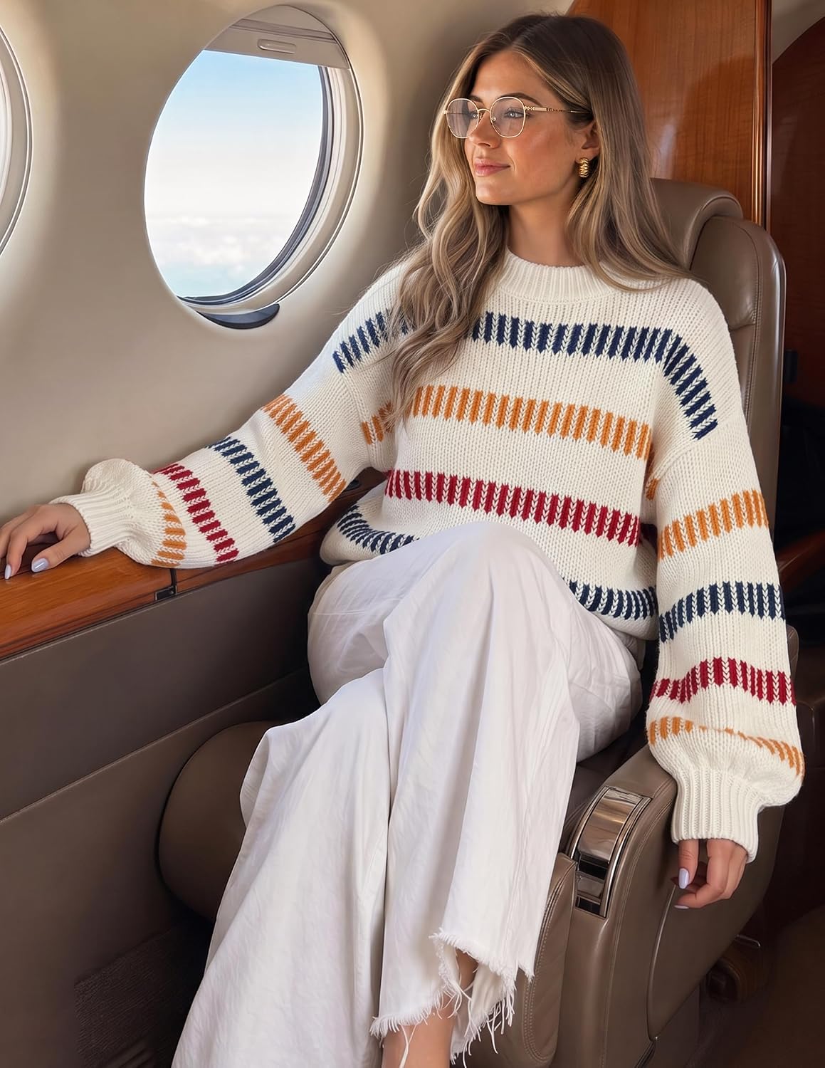 Womens Striped Fall Winter Sweaters Oversize Cozy  Ivory - fabric and fit