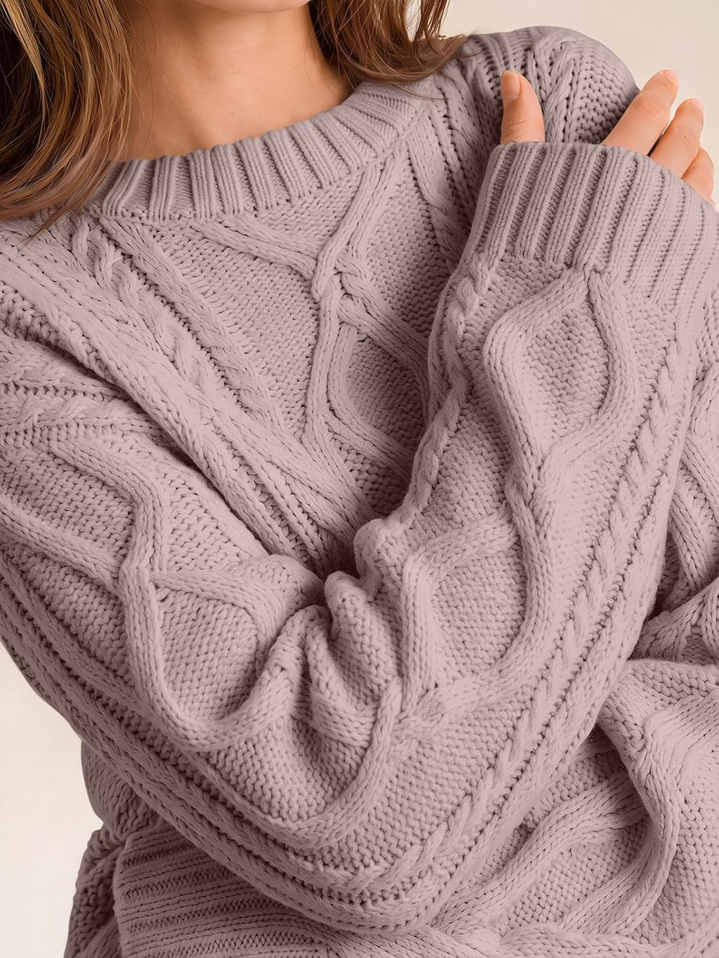 Women's Oversized Cable Knit Sweaters 2026 Fall Ou Light Mauve - detail close-up