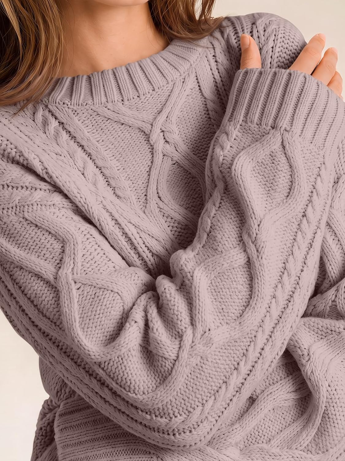 Women's Oversized Cable Knit Sweaters 2026 Fall Ou Light Mauve - detail close-up