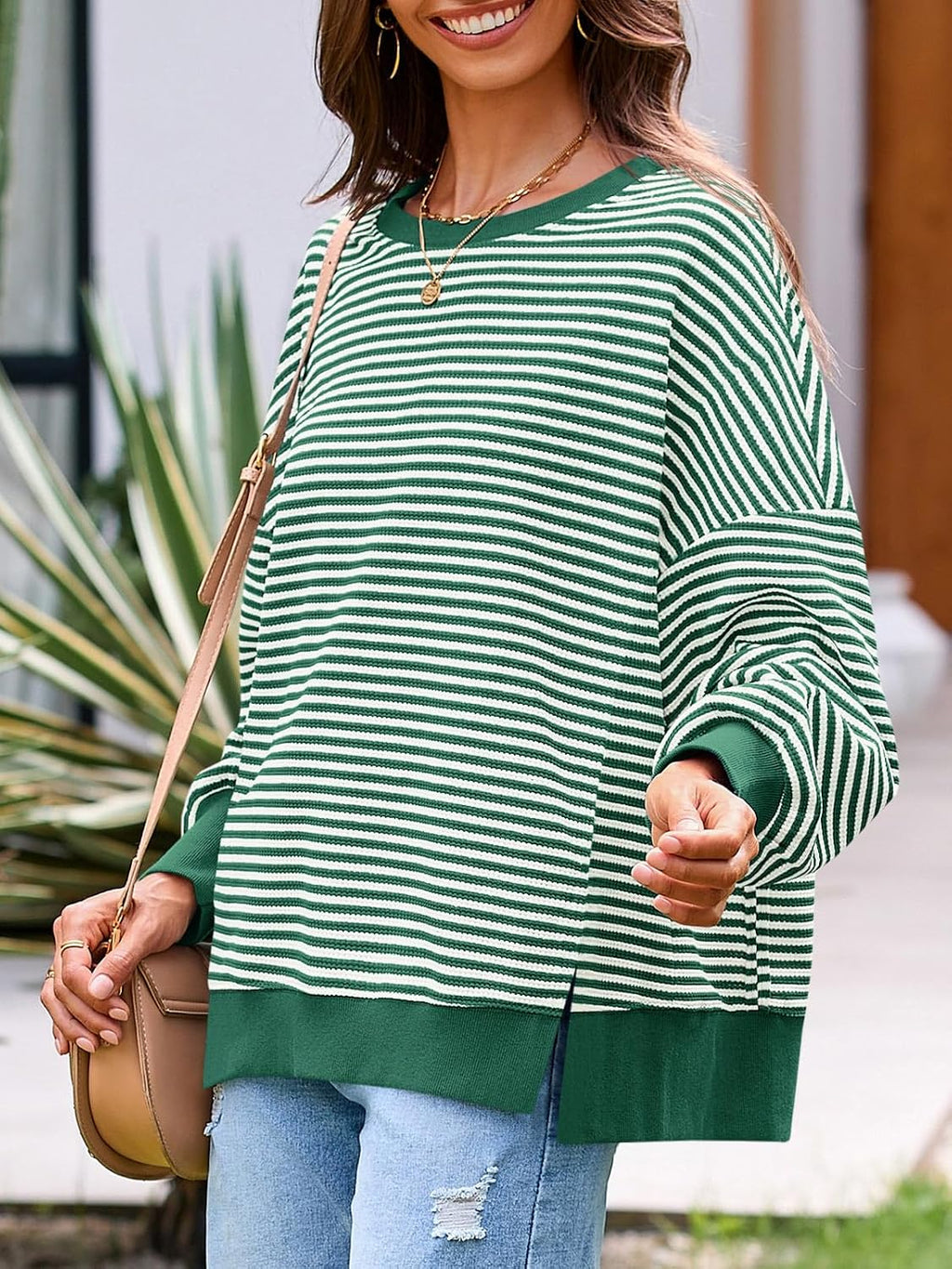 Women's Fall Oversized Sweatshirt Casual Waffle Kn Green - fabric and fit
