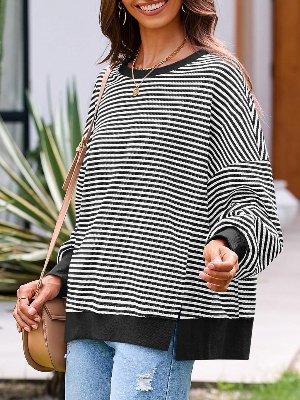 Women's Fall Oversized Sweatshirt Casual Waffle Kn Black - fabric and fit