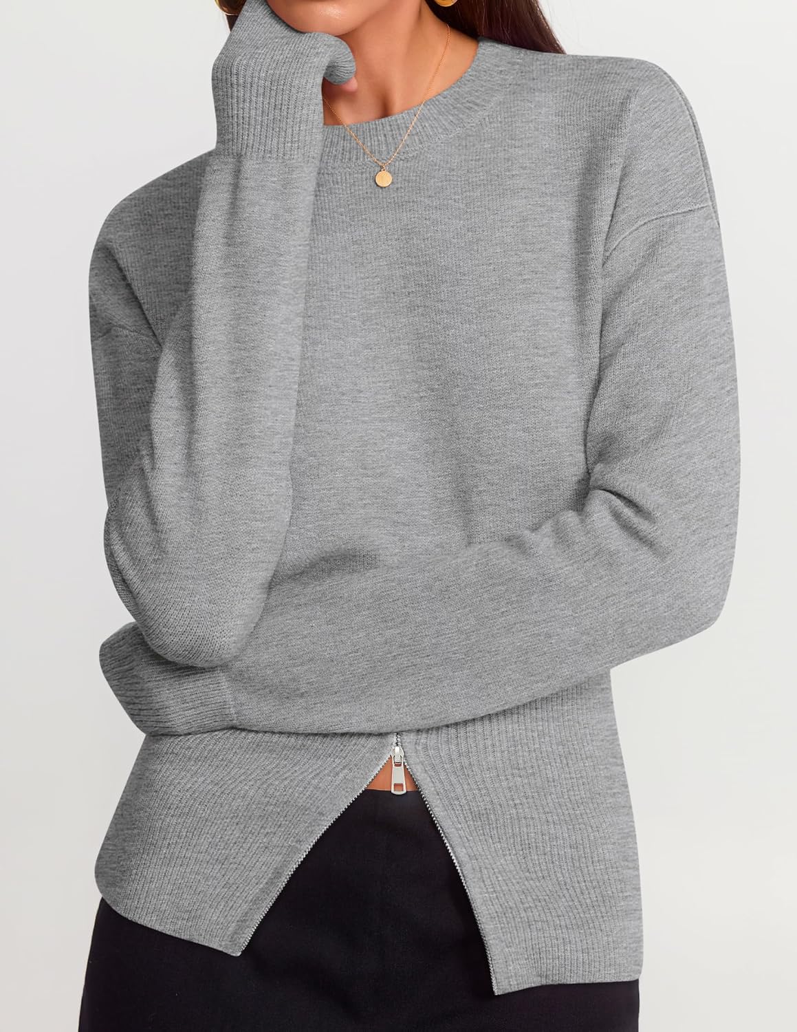 Women's Fall Zipper Pullover Sweaters 2026 Cozy Ri Grey - fabric and fit