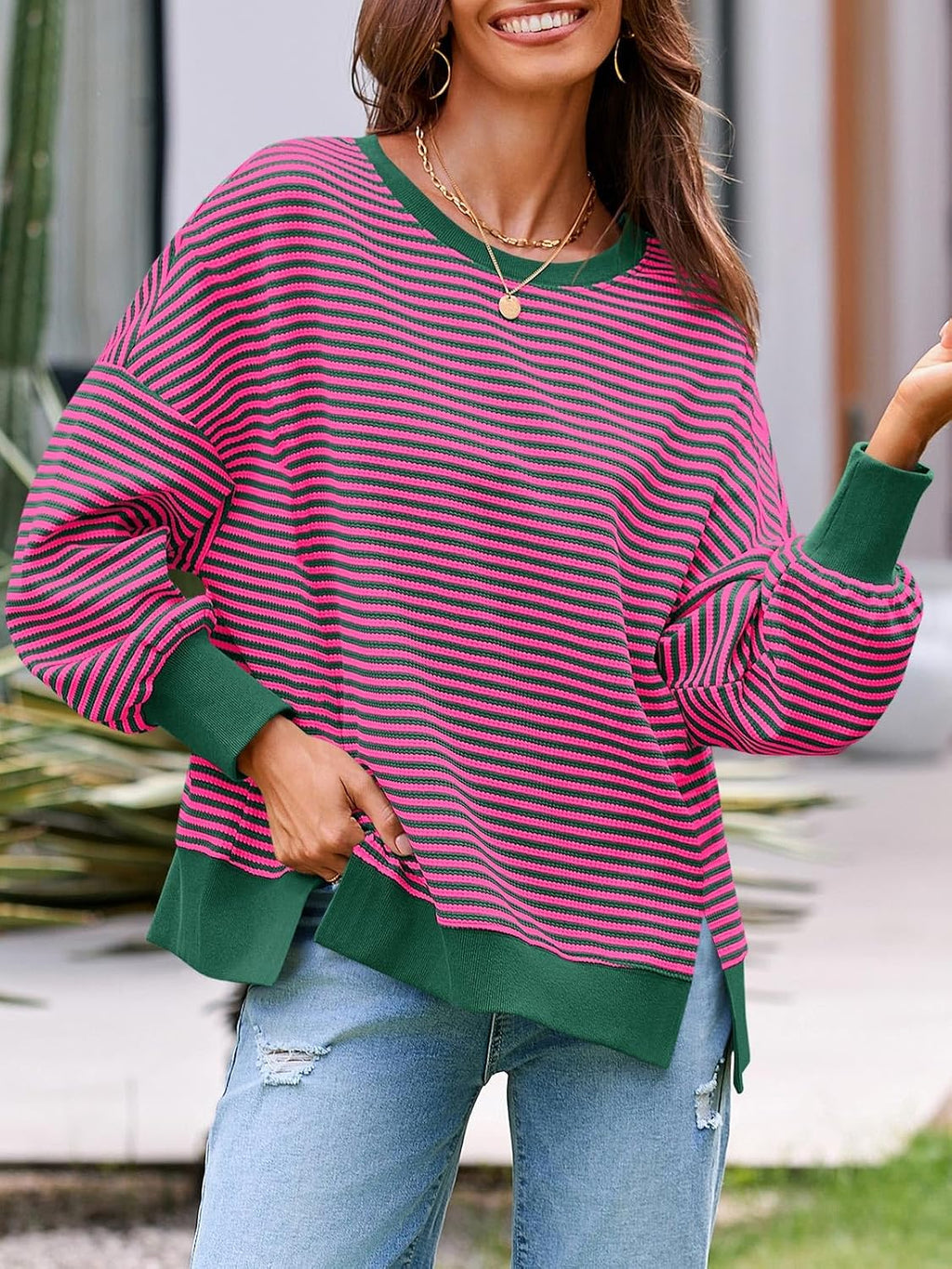 Women's Fall Oversized Sweatshirt Casual Waffle Kn Rose Red - lifestyle look