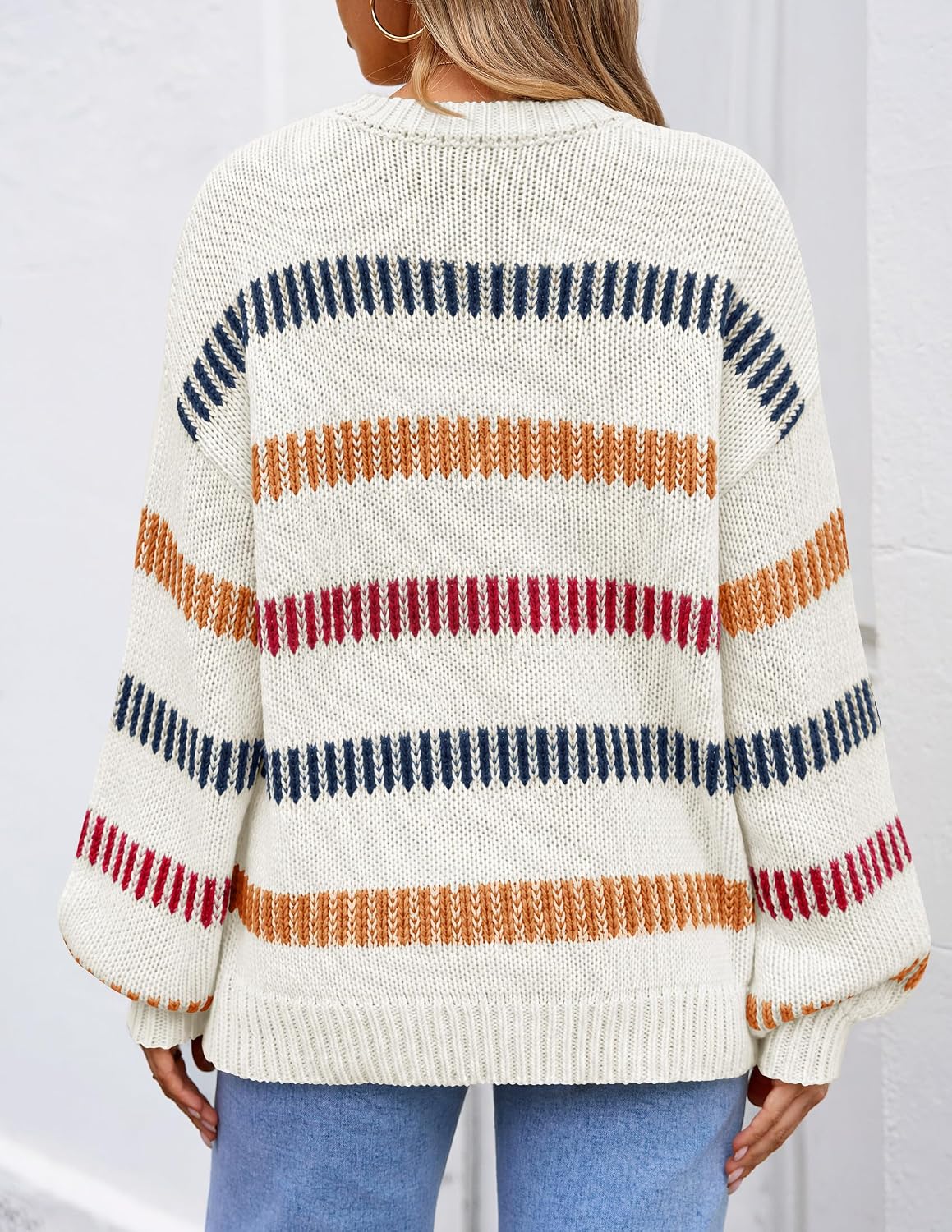 Womens Striped Fall Winter Sweaters Oversize Cozy  Ivory - lifestyle look
