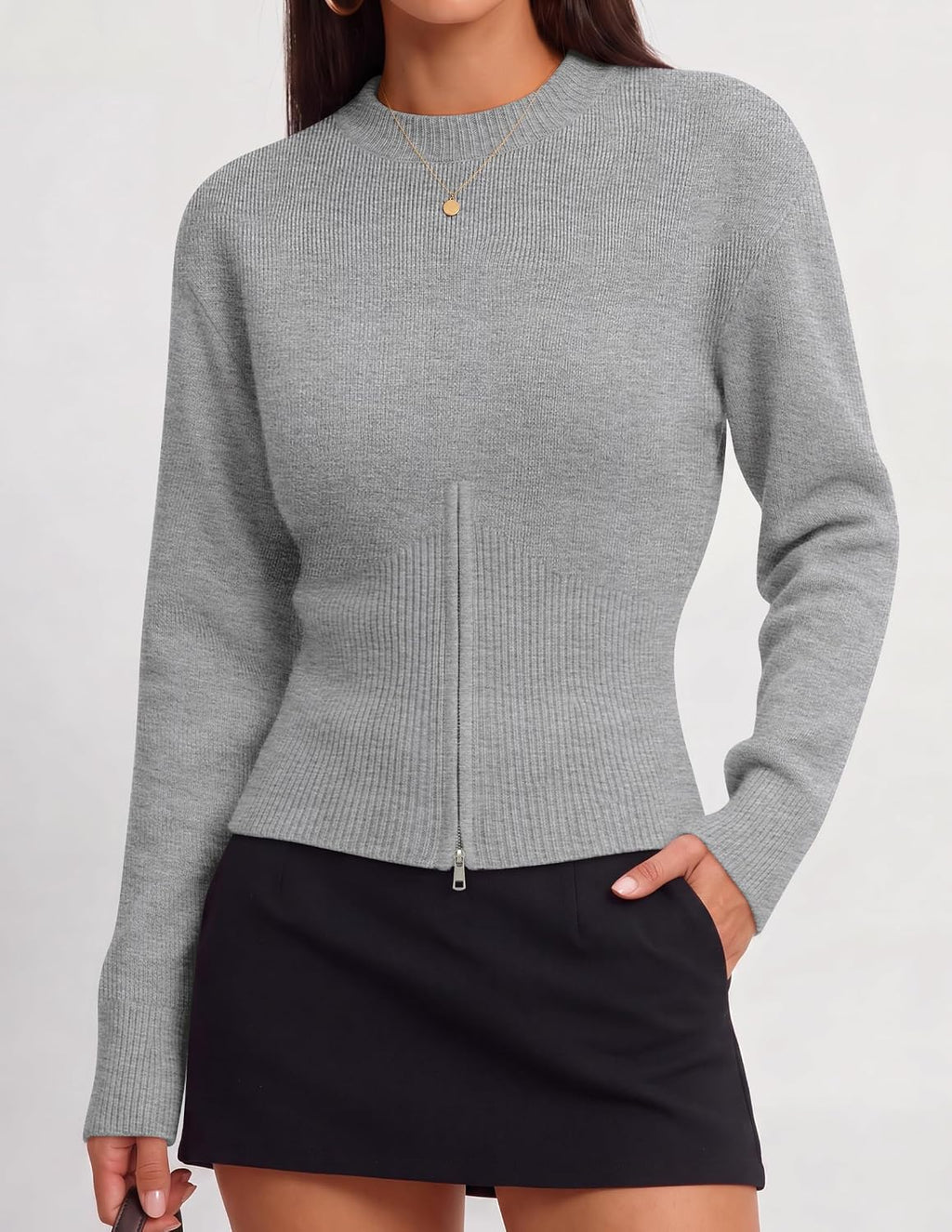 Women's Fall Zipper Pullover Sweaters 2026 Cozy Ri Grey - top view