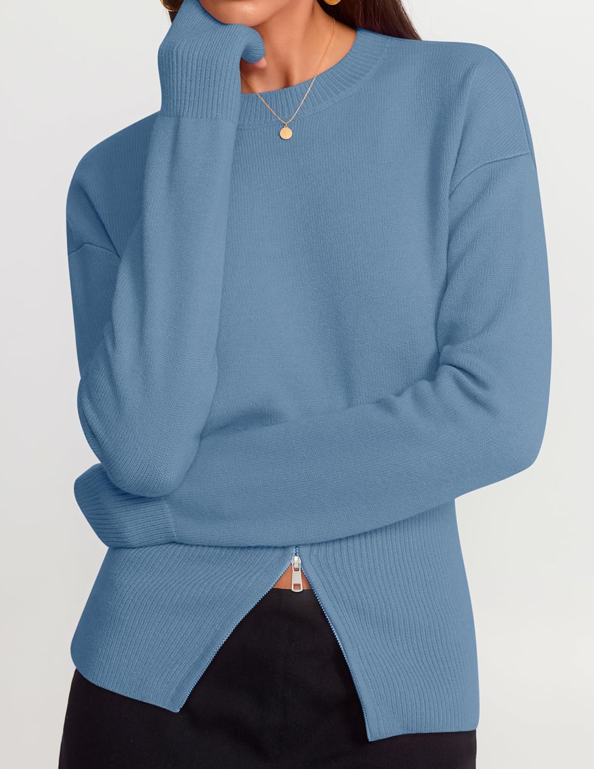 Women's Fall Zipper Pullover Sweaters 2026 Cozy Ri Dustyblue - fabric and fit