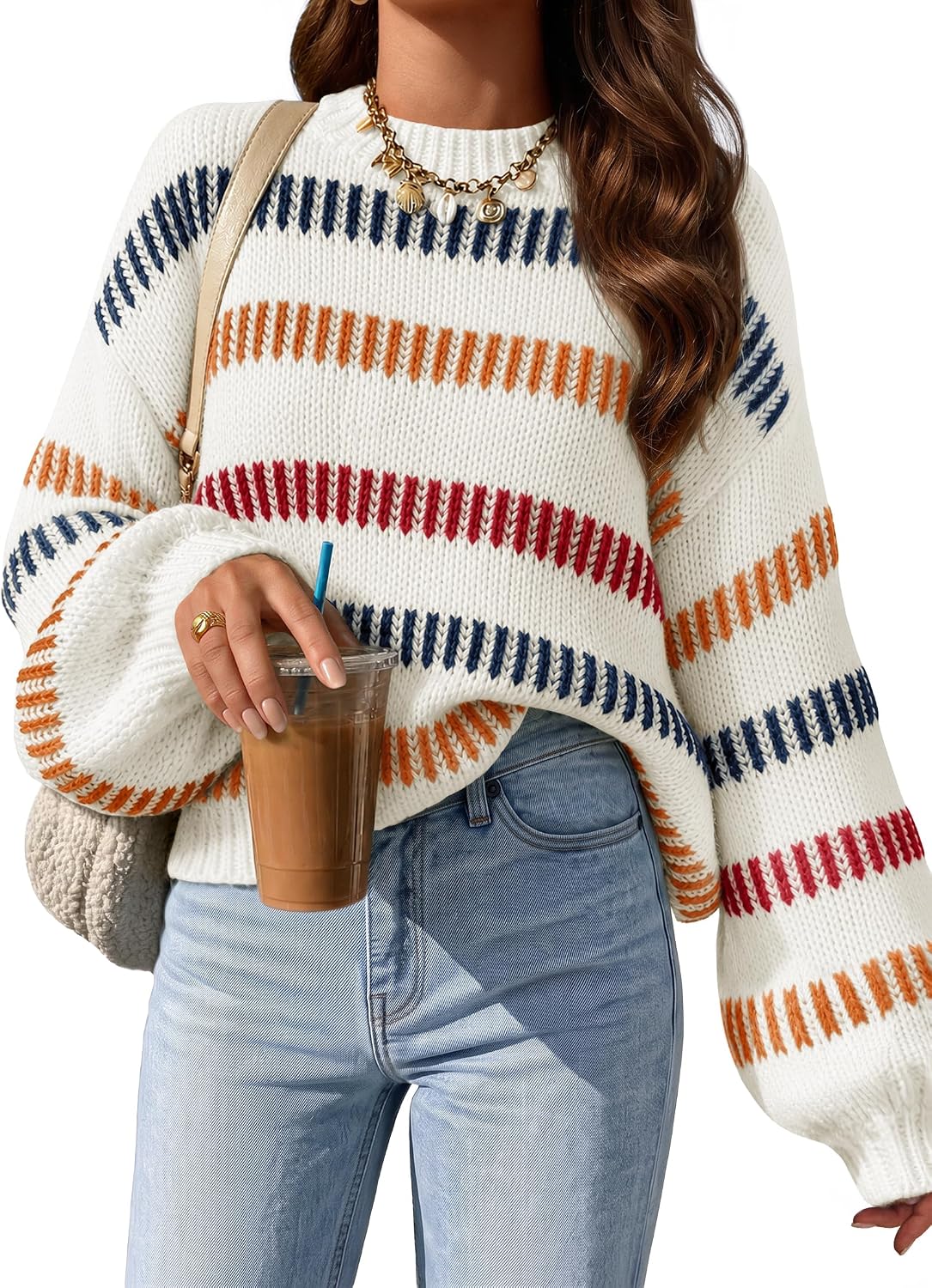 Womens Striped Fall Winter Sweaters Oversize Cozy  Ivory - front view